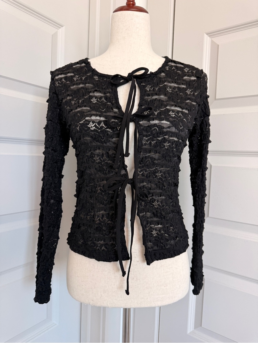 Black Lace Tie-Front Sheer Cardigan Top